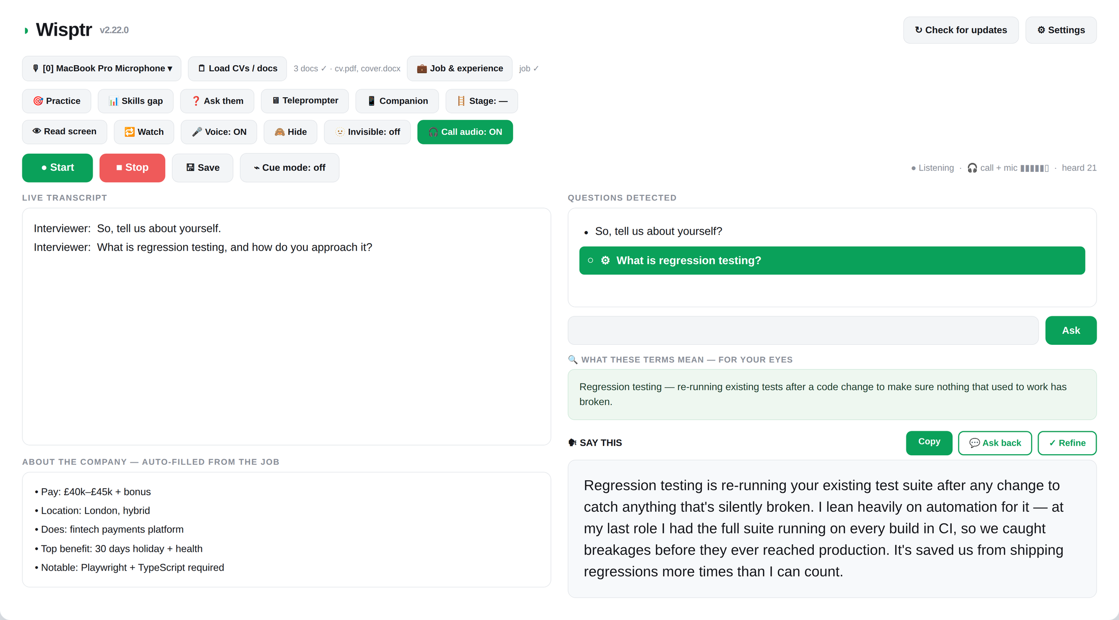 Wisptr running live during an interview — detecting the question, explaining jargon, and drafting an answer from your CV